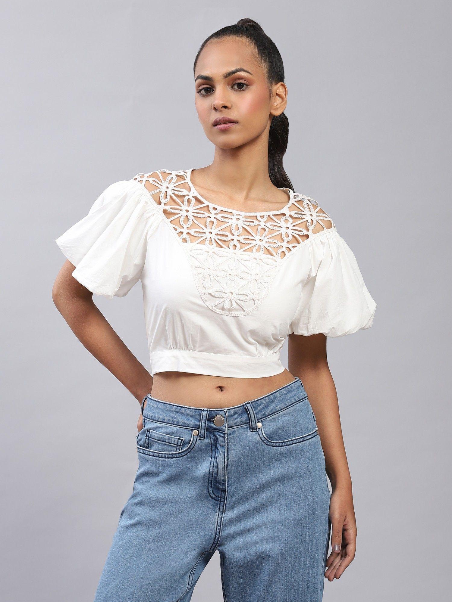 ecru embroidered crop top with inner (set of 2)