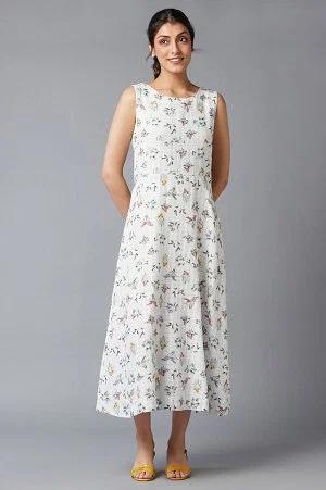 ecru floral print cotton dress in round neck