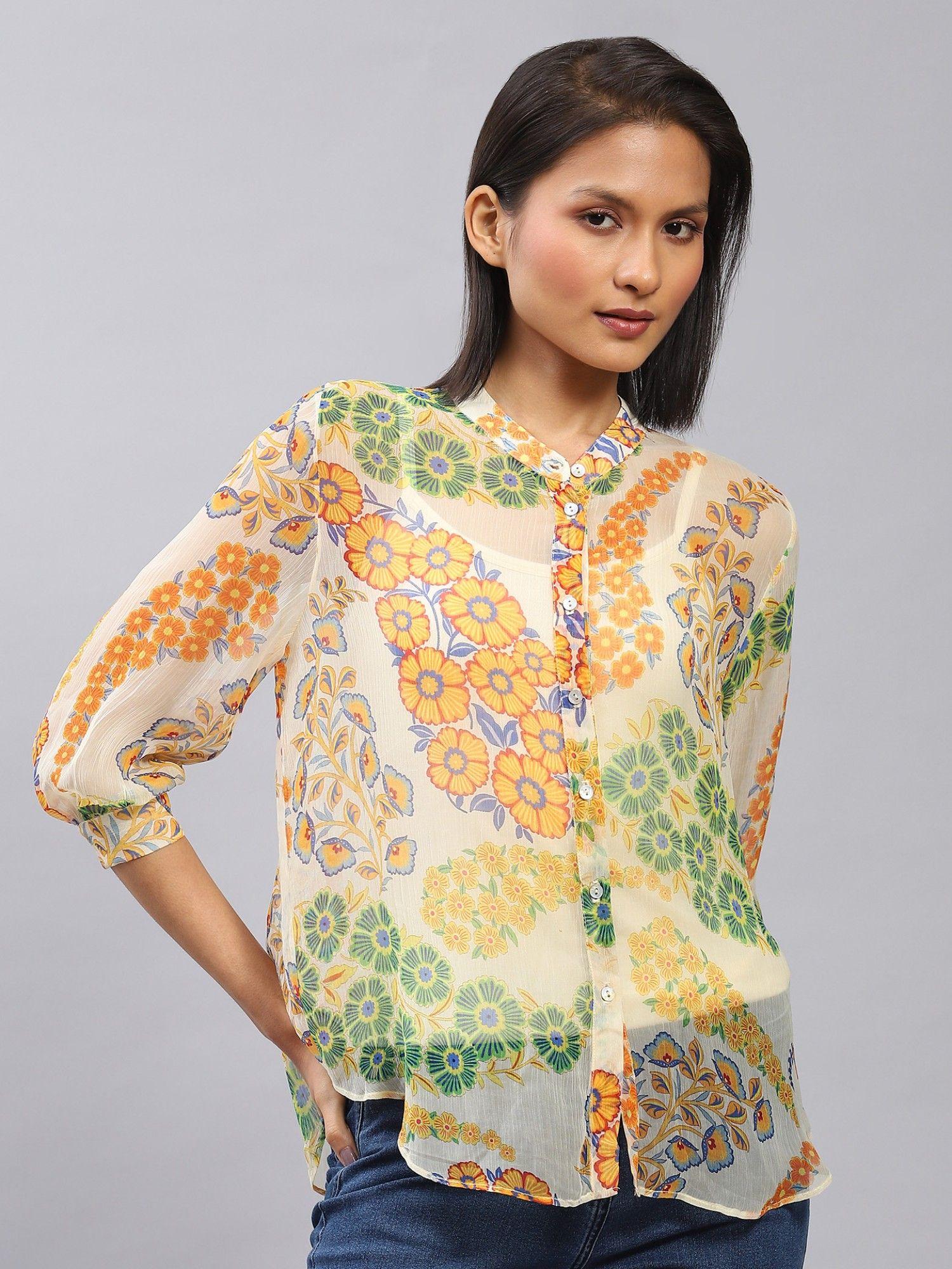 ecru floral print shirt with inner (set of 2)