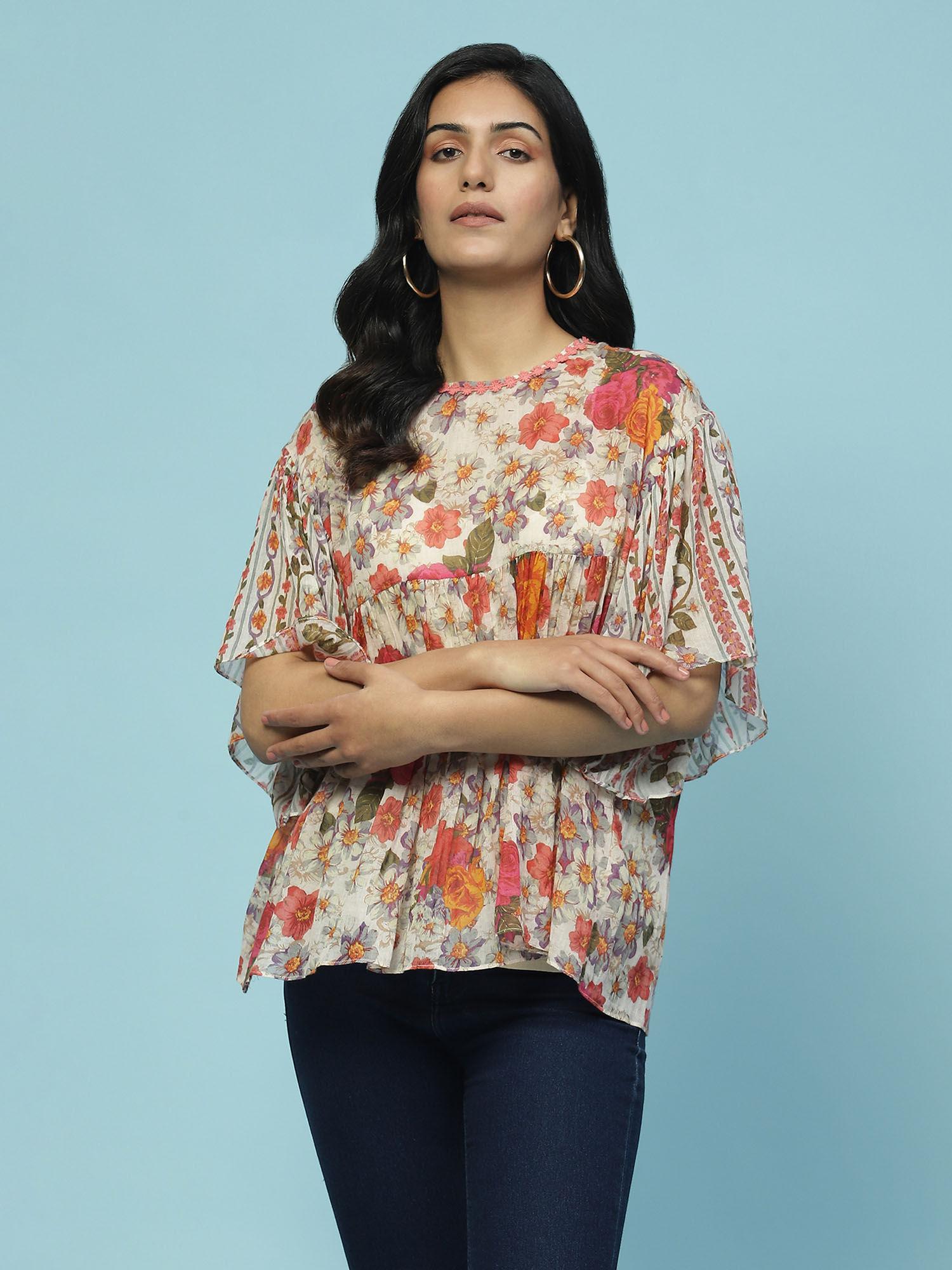 ecru floral print top with camisole (set of 2)