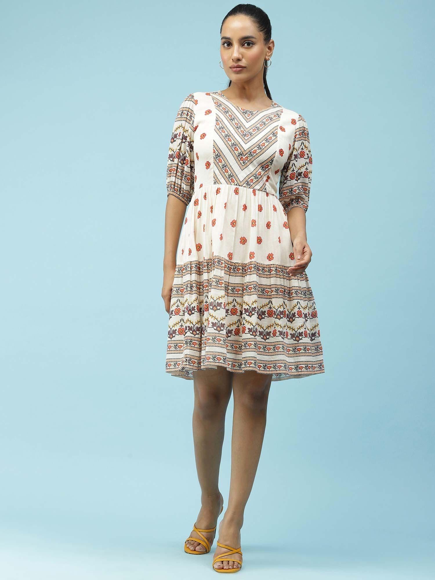 ecru floral printed short dress