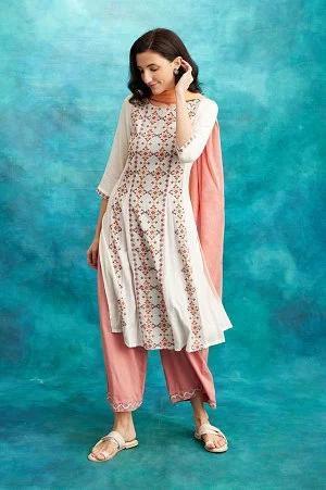 ecru geometric print round neck summer kurta