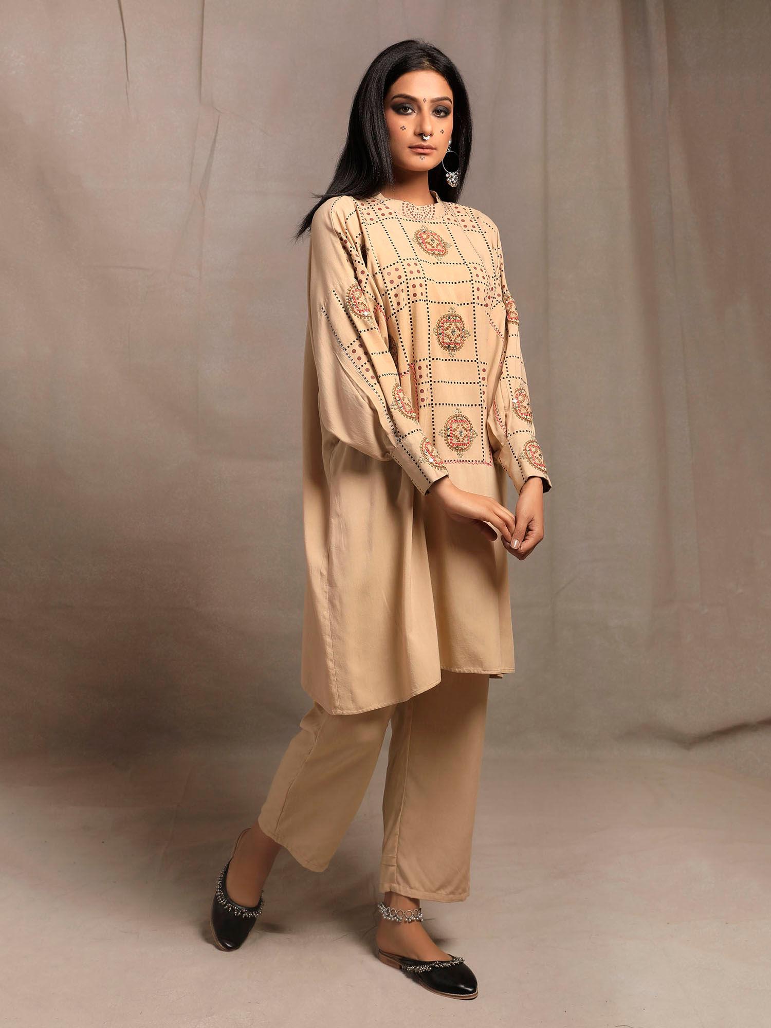 ecru hand block printed tunic with embellishments