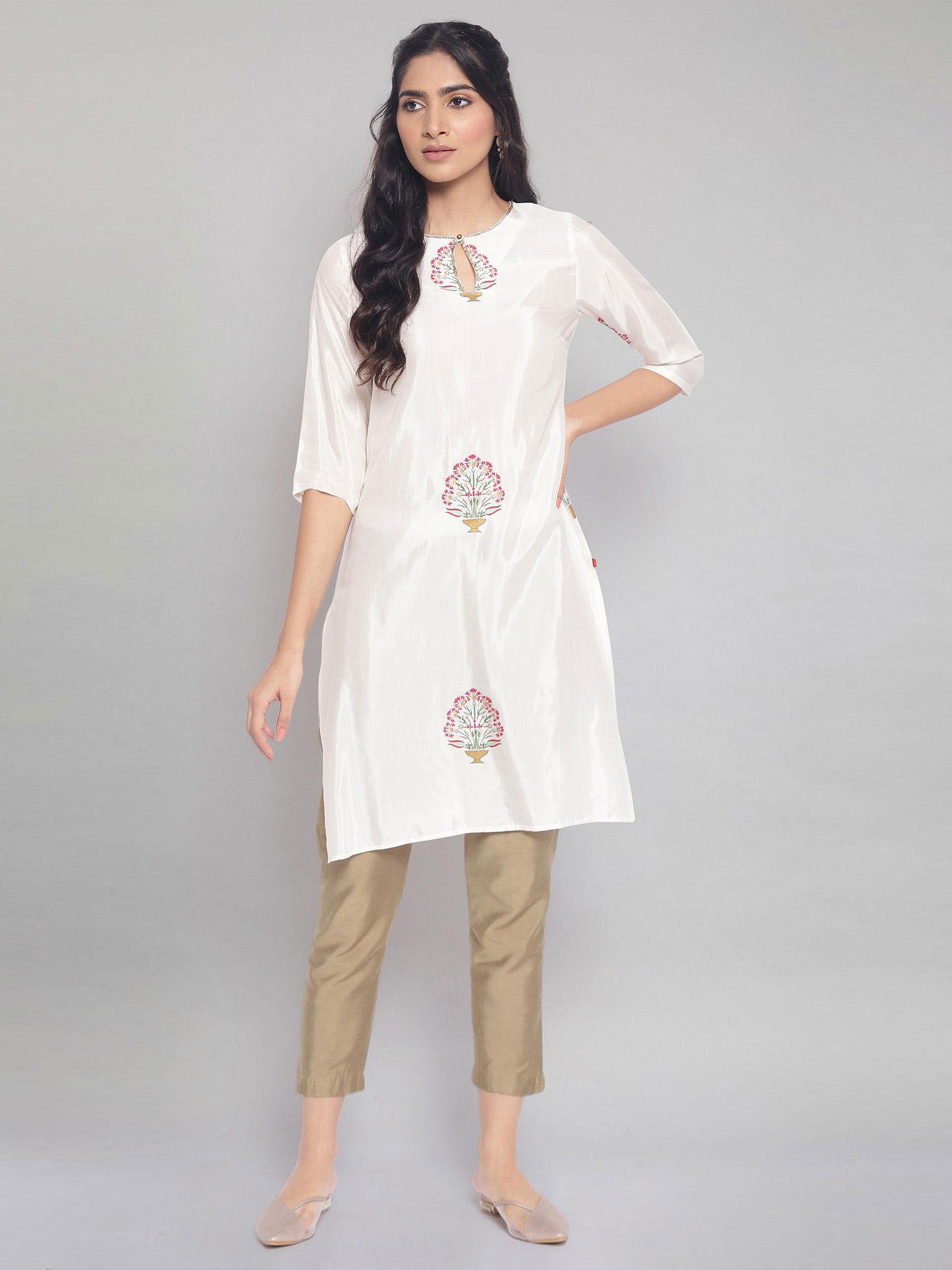 ecru kurta with floral gold foil print