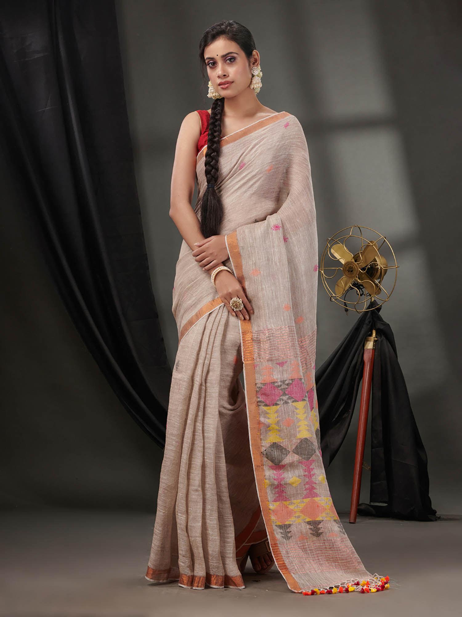 ecru linen handwoven saree with zari borders & unstitched blouse