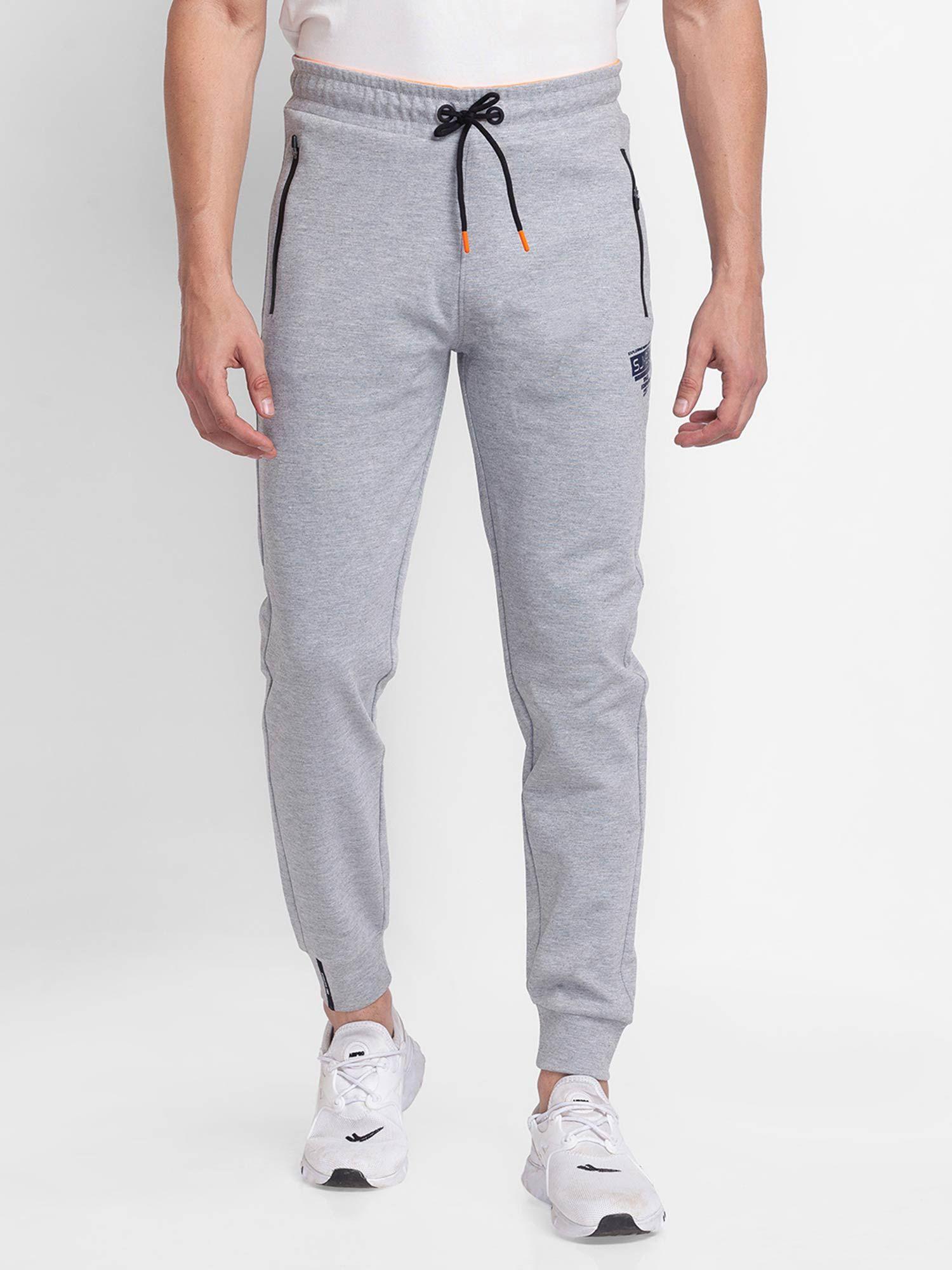 ecru melange cotton slim fit trackpants for men