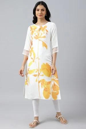 ecru placement kurta with yellow floral print