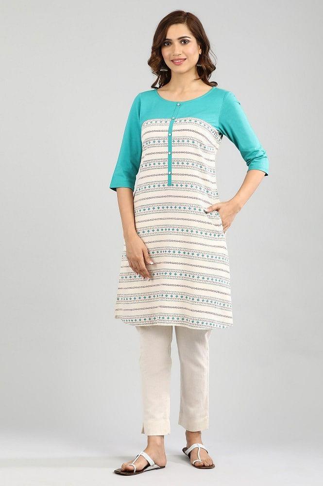 ecru round neck printed kurta