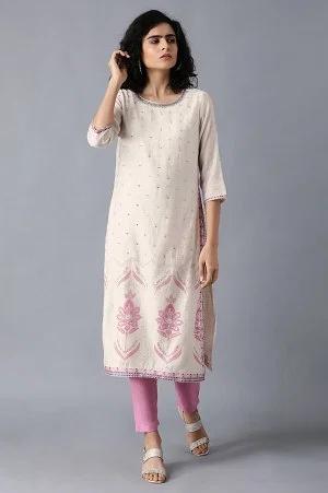 ecru round neck printed kurta