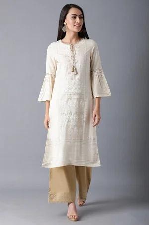 ecru round neck printed kurta