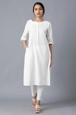 ecru round neck solid kurta