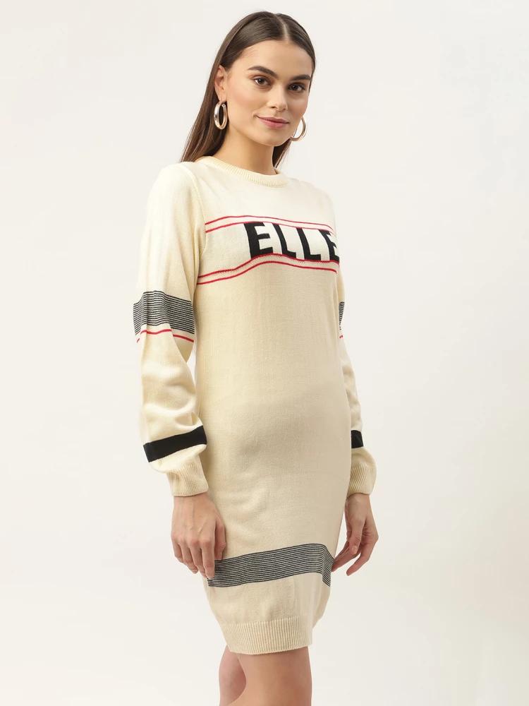 ecru self-design round neck sweater