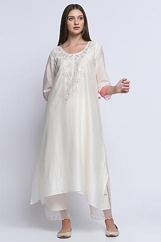 ecru silk chanderi embroidered kurta set