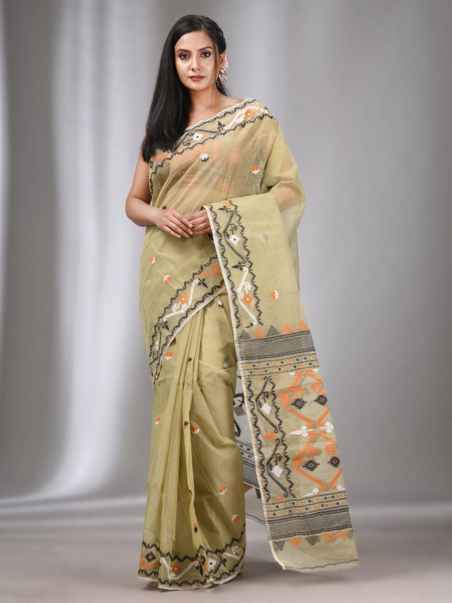 ecru silk cotton handwoven soft jamdani saree