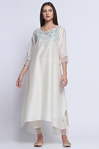 ecru silk hand embroidered kurta set