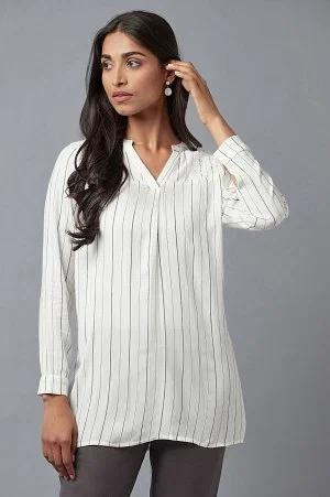 ecru stripe print western top in collared-v neck