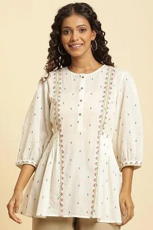 ecru yarn dye embroidered top with pleats