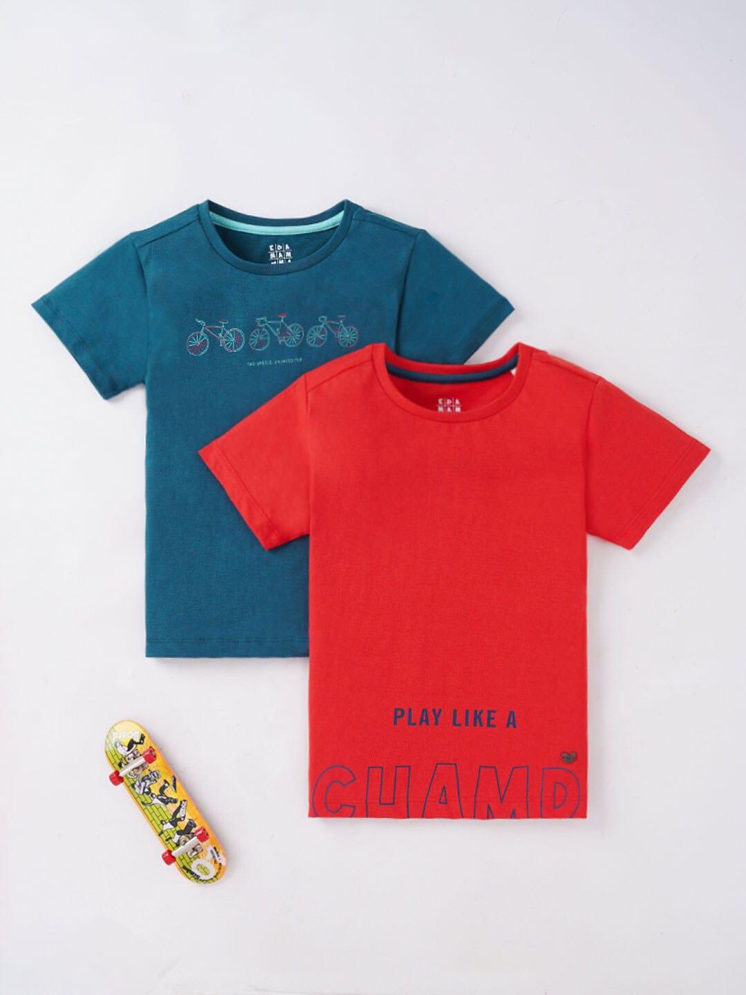 ed-a-mamma boys blue & red typography 2 printed applique t-shirt
