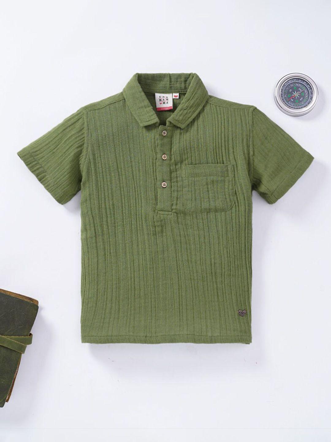 ed-a-mamma boys olive green premium striped cotton casual shirt