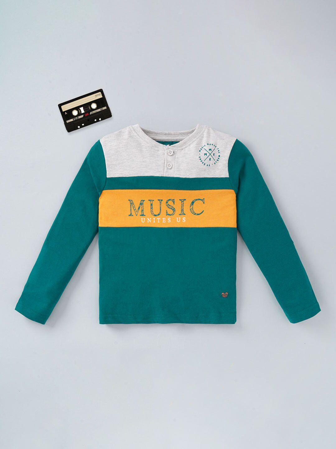 ed-a-mamma boys teal green & off white colourblocked henley neck cotton t-shirt