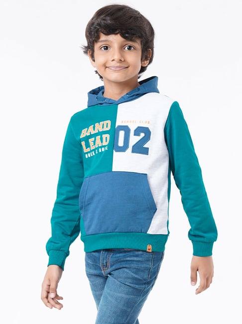 ed-a-mamma kids green & blue cotton printed full sleeves hoodie