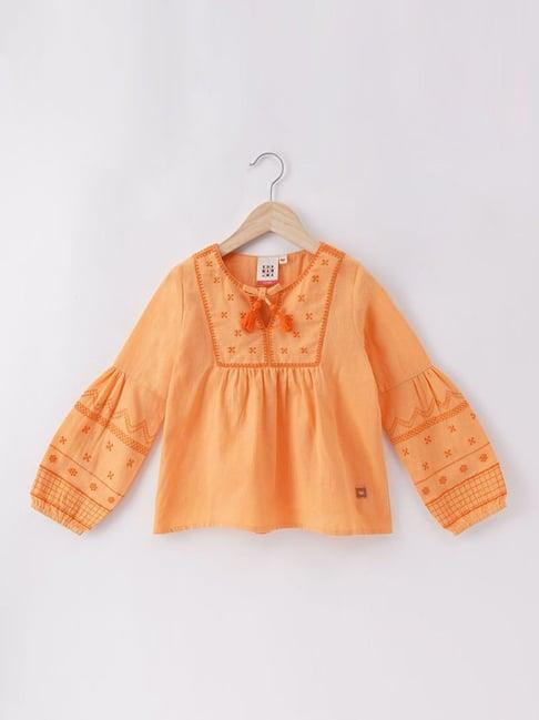 ed-a-mamma kids orange cotton embroidered full sleeves top
