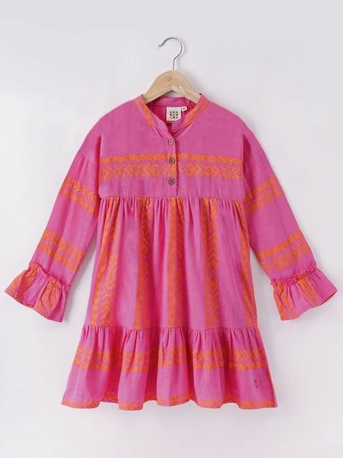 ed-a-mamma kids pink & orange cotton printed full sleeves dress