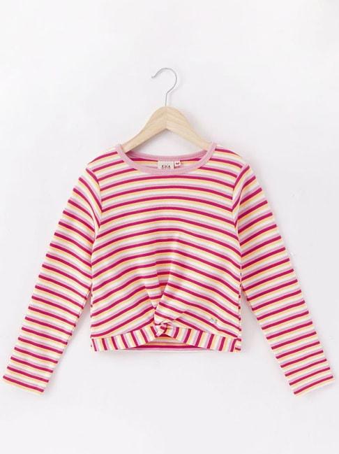 ed-a-mamma kids pink & yellow cotton striped full sleeves t-shirt