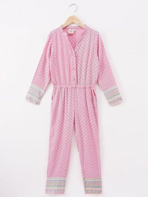 ed-a-mamma kids pink cotton floral print full sleeves jumpsuits