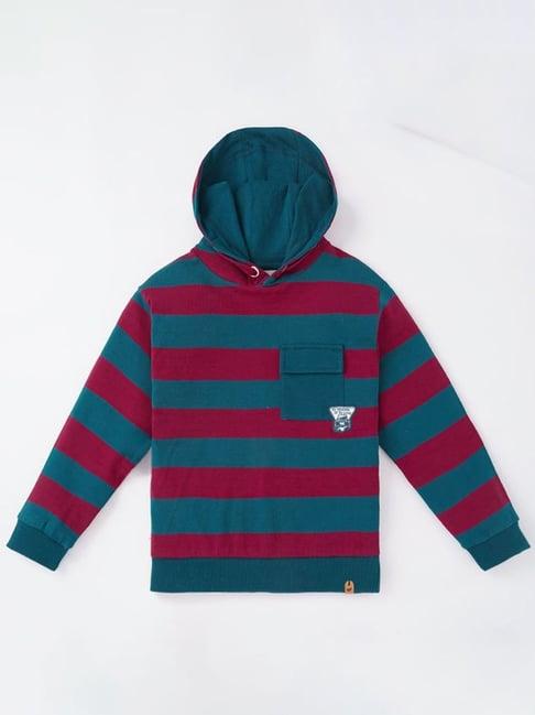 ed-a-mamma kids red & blue cotton striped full sleeves hoodie