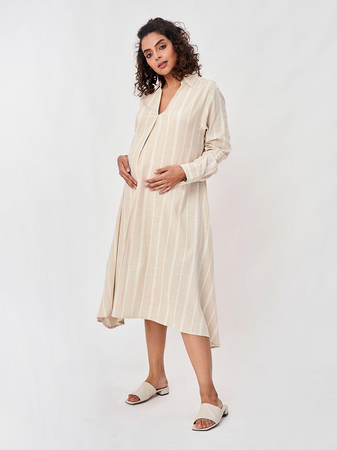 ed-a-mamma women beige striped maternity a-line midi dress