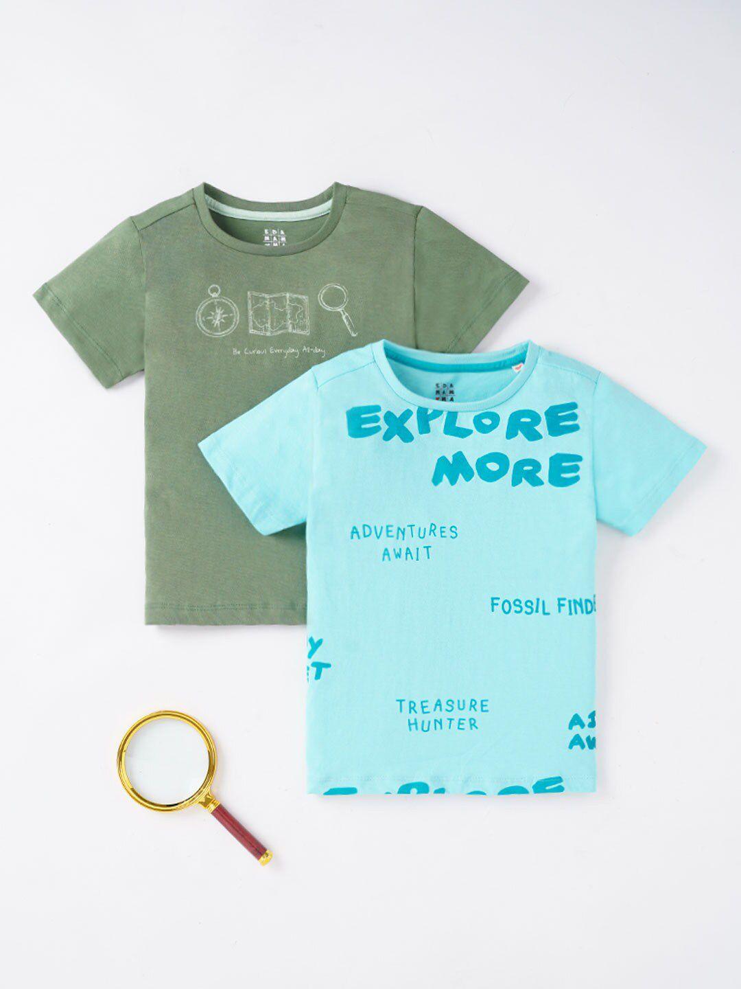 ed-a-mamma boys blue & green typography 2 printed cotton t-shirt