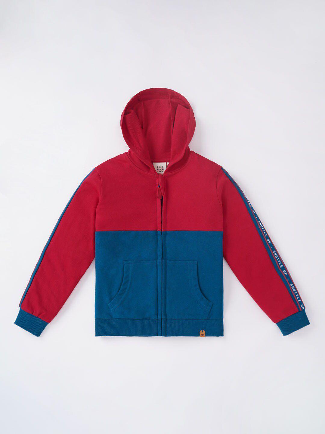 ed-a-mamma boys red colourblocked longline puffer jacket with embroidered