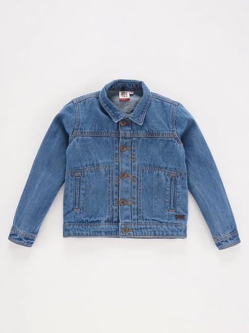 ed-a-mamma kids blue solid full sleeves denim jacket with detachable hood