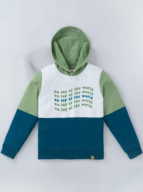 ed-a-mamma kids green & blue cotton color block full sleeves hoodie