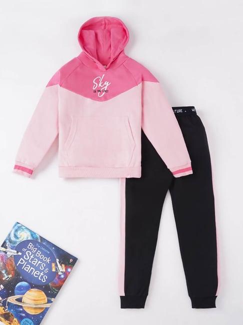 ed-a-mamma kids pink & black color block full sleeves hoodie with joggers