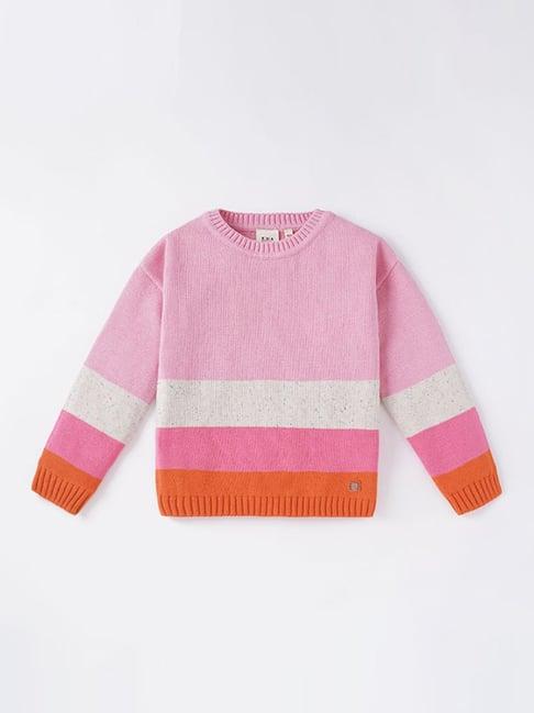 ed-a-mamma kids pink & brown cotton color block full sleeves sweater