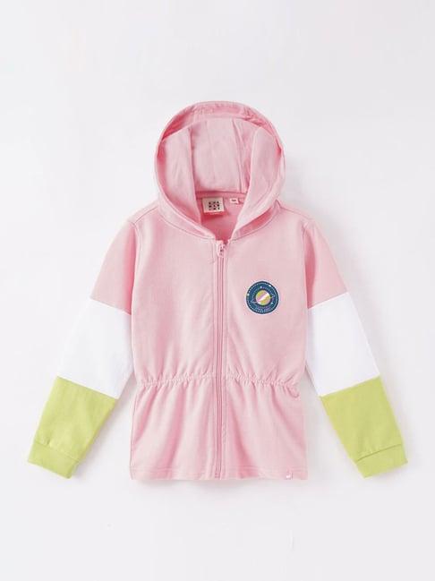 ed-a-mamma kids pink & green cotton embroidered full sleeves jacket