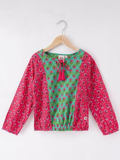 ed-a-mamma kids pink & green cotton floral print full sleeves top