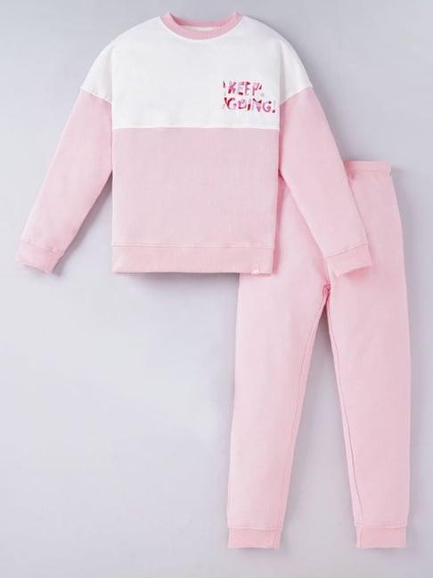 ed-a-mamma kids pink & white cotton printed full sleeves sweatshirt set