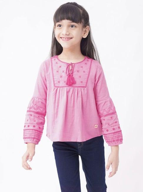 ed-a-mamma kids pink cotton embroidered full sleeves top
