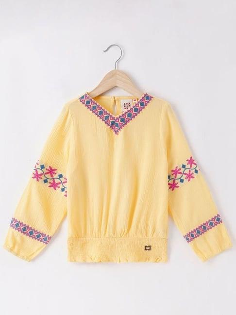 ed-a-mamma kids yellow & red cotton embroidered full sleeves top