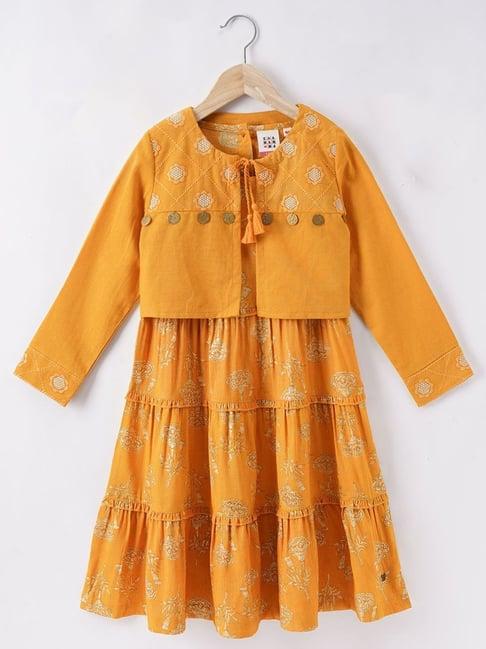 ed-a-mamma kids yellow cotton embroidered full sleeves dress with jacket