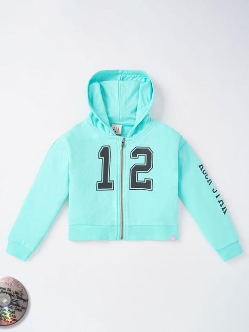 ed-a-mamma sustainable full sleeves printed jacket with a hoodie for girls - aqua