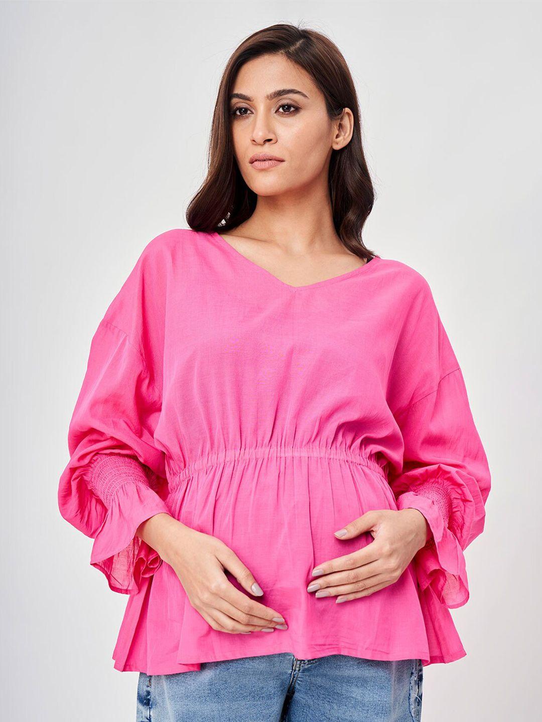 ed-a-mamma women pink solid organic cotton cinched waist maternity top