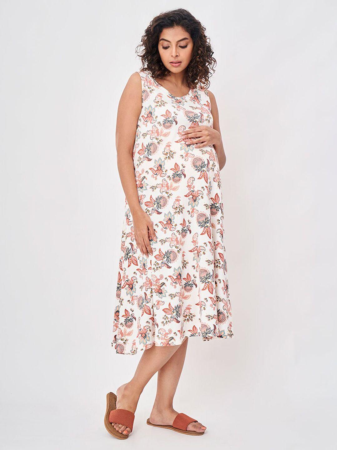ed-a-mamma women white & coral floral printed a-line cotton maternity dress