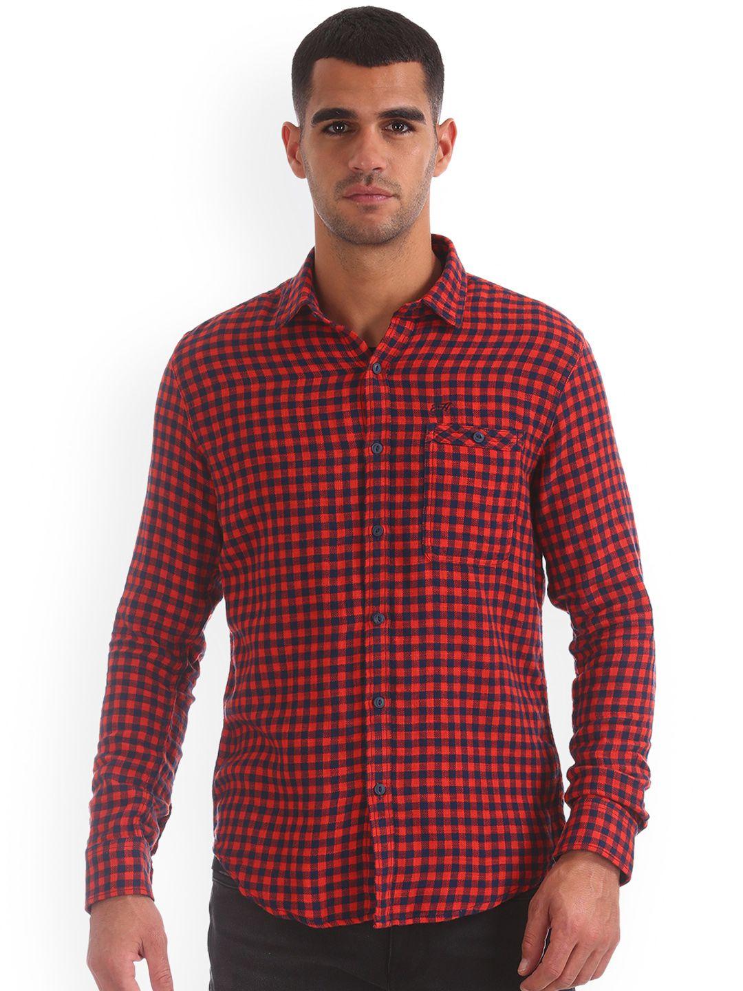 ed hardy men red & navy blue slim fit checked casual shirt