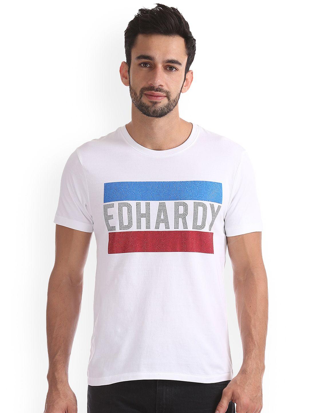 ed hardy men white printed round neck pure cotton t-shirt