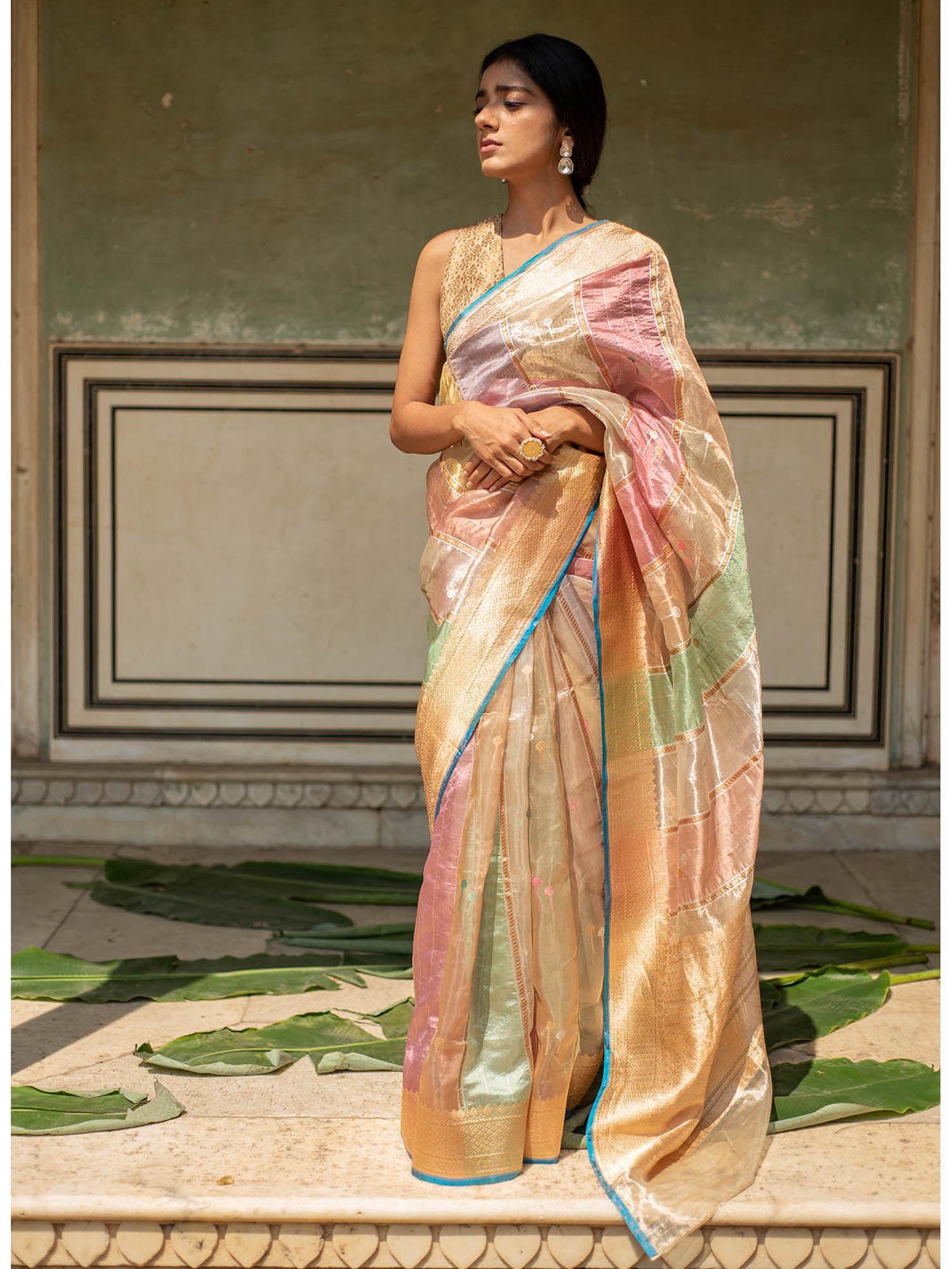 eda - blush and sage green silk banarasi organza saree with unstitched blouse