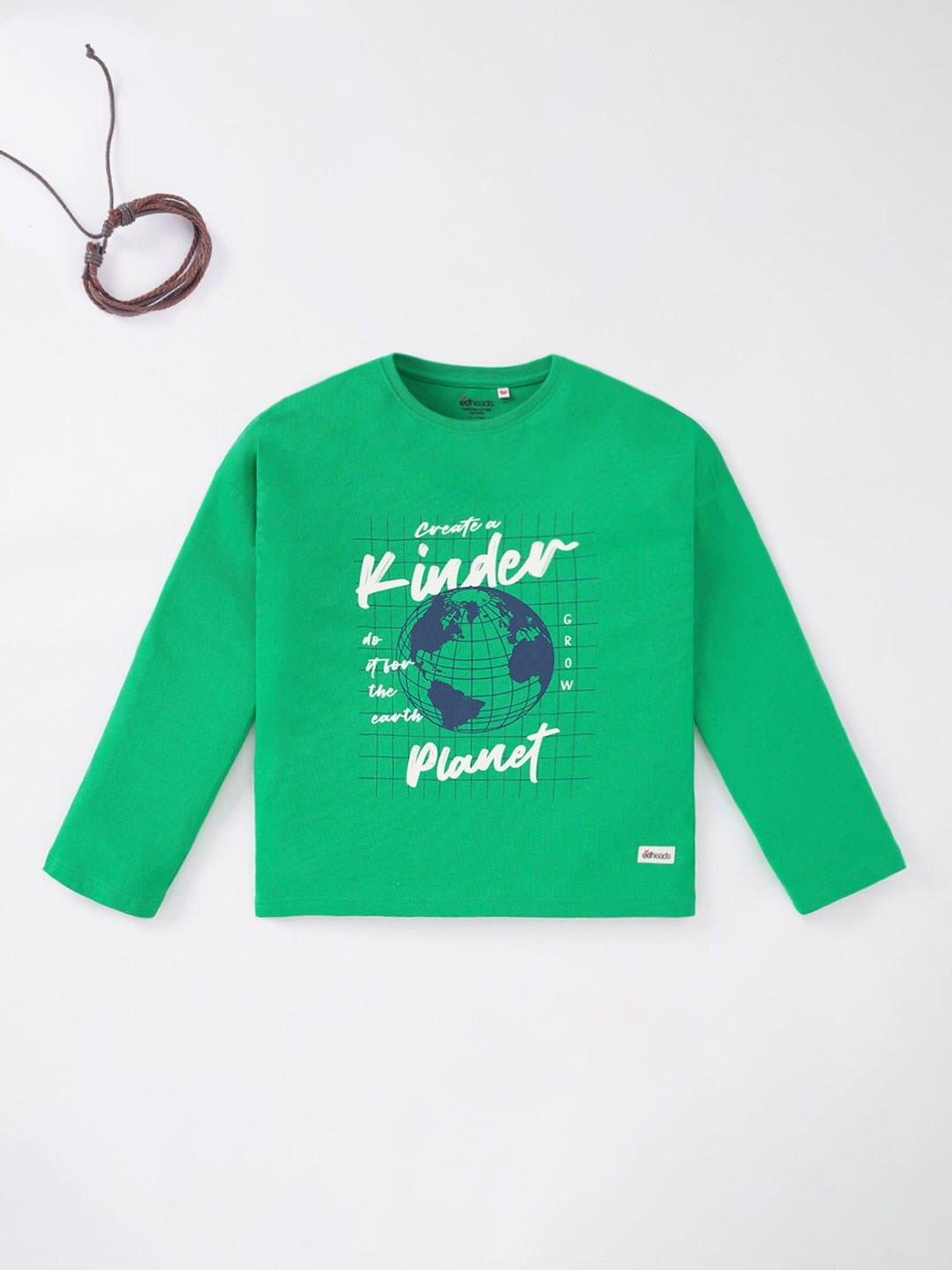 edheads boys green graphic printed round neck long sleeve cottont-shirt